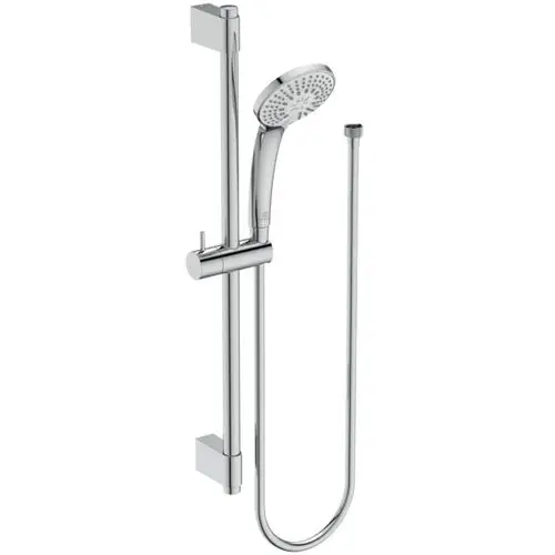 Glänzende Brausekombination mit Handbrause, teleskopischem Halter und flexibler Schlauchführung, ideal für moderne Badezimmergestaltung.